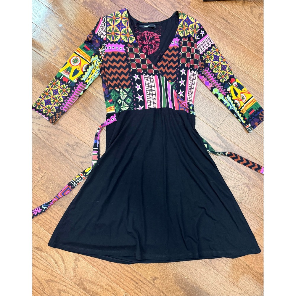 VTG Desigual Patchwork Faux Wrap Dress Floral Chevron Black Jersey Midi Medium M